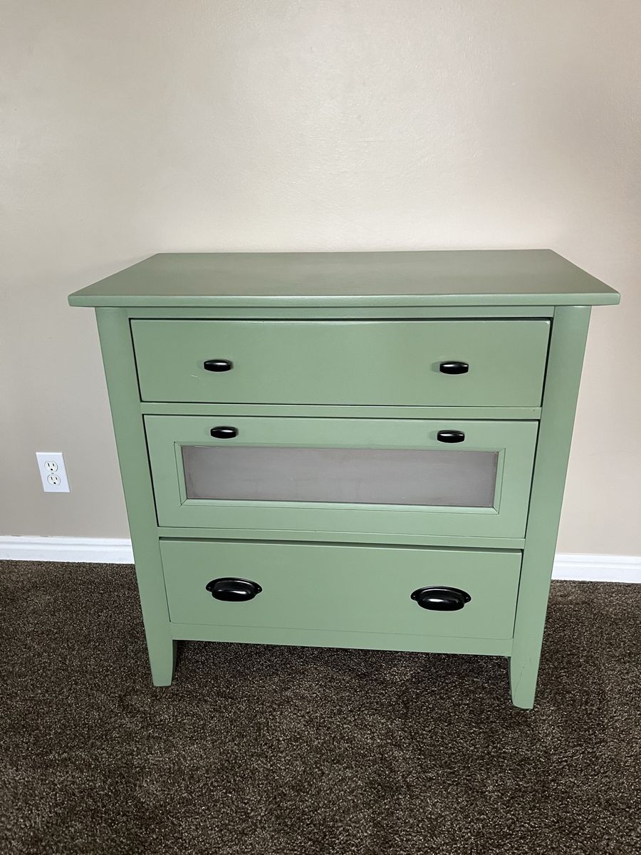 Sage Green 3-Drawer Dresser with Glass Insert Drawer & Black Hardware