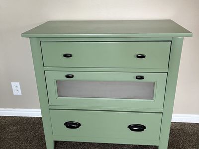 Sage Green 3-Drawer Dresser with Glass Insert Drawer & Black Hardware