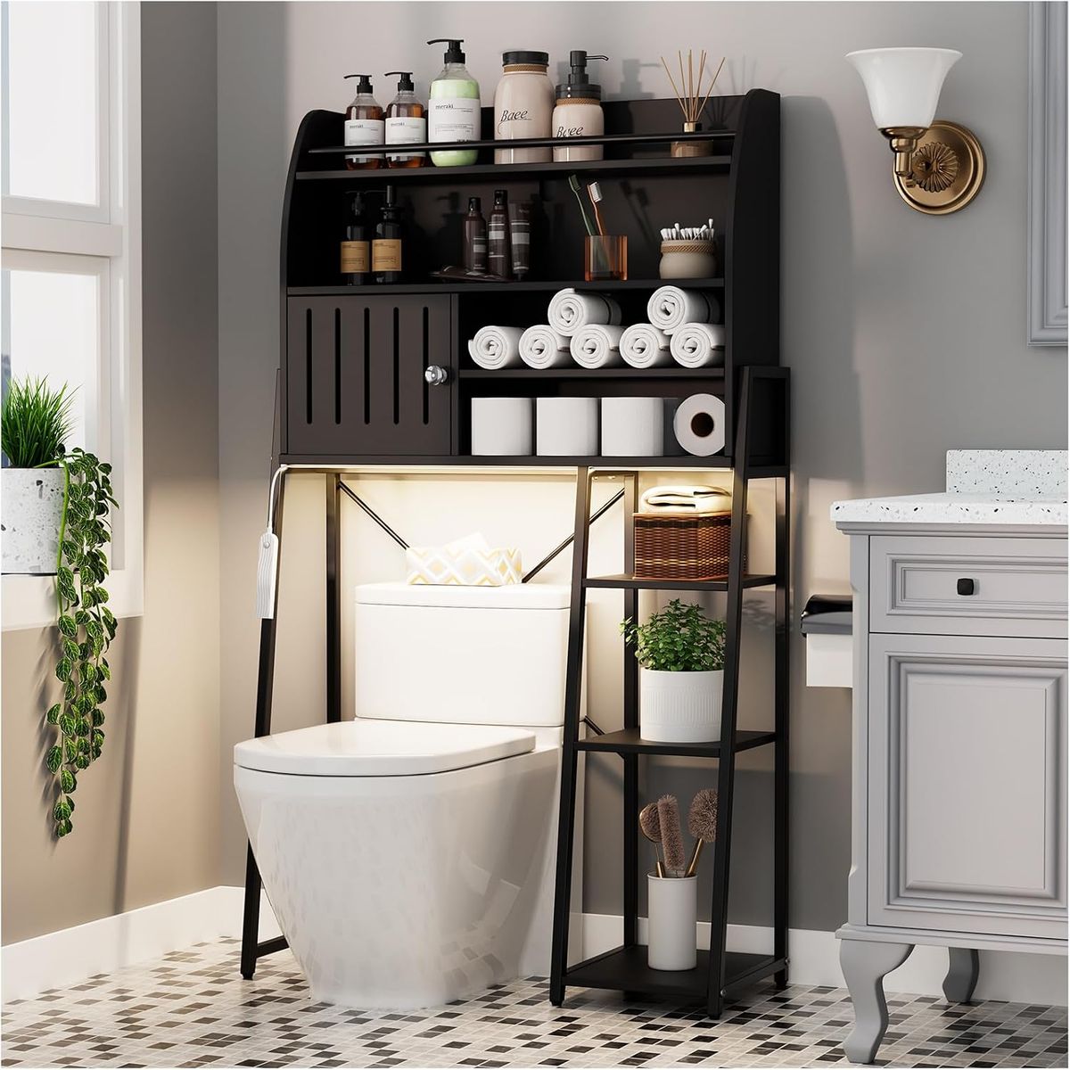 Black~NIB~Over The Toilet Storage Cabinet with LED Sensor Night Light- Bathroom Organizer Shelf Rack