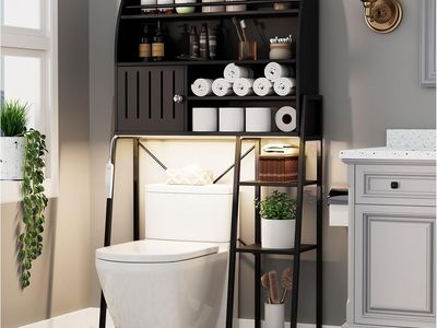 Black~NIB~Over The Toilet Storage Cabinet with LED Sensor Night Light- Bathroom Organizer Shelf Rack