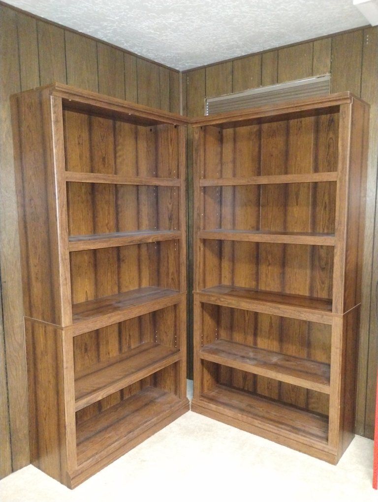 Two Brown Wooden Bookshelves - Adjustable Shelves
