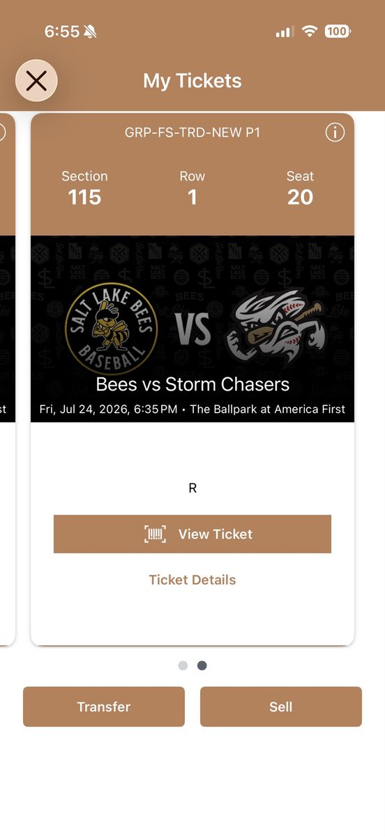 Salt Lake Bees Baseball Tickets - July 24, 2026 - Section 115, Row 1
