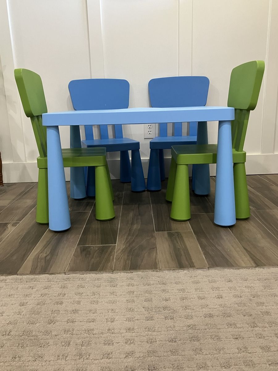 IKEA Mammut Children's Table & 4 Chairs Set - Blue & Green Kids Furniture