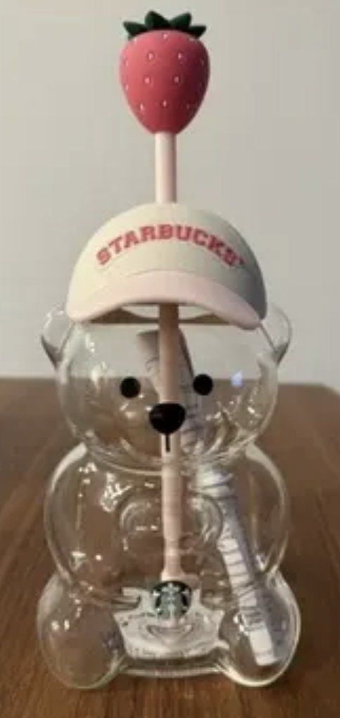 Starbucks Bearista Bear Tumbler Glass Cup with Strawberry Straw Topper