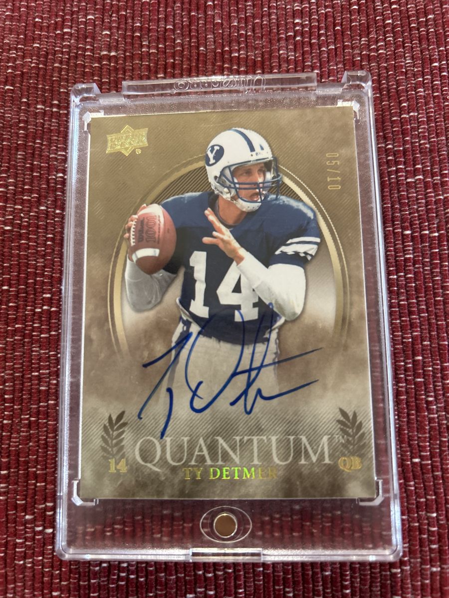 BYU Cougars 2013-14 Upper Deck Quantum Ty Detmer Autographed BYU QB Football Card 05/10 Made - Gold Stamped Rare Collectible COA