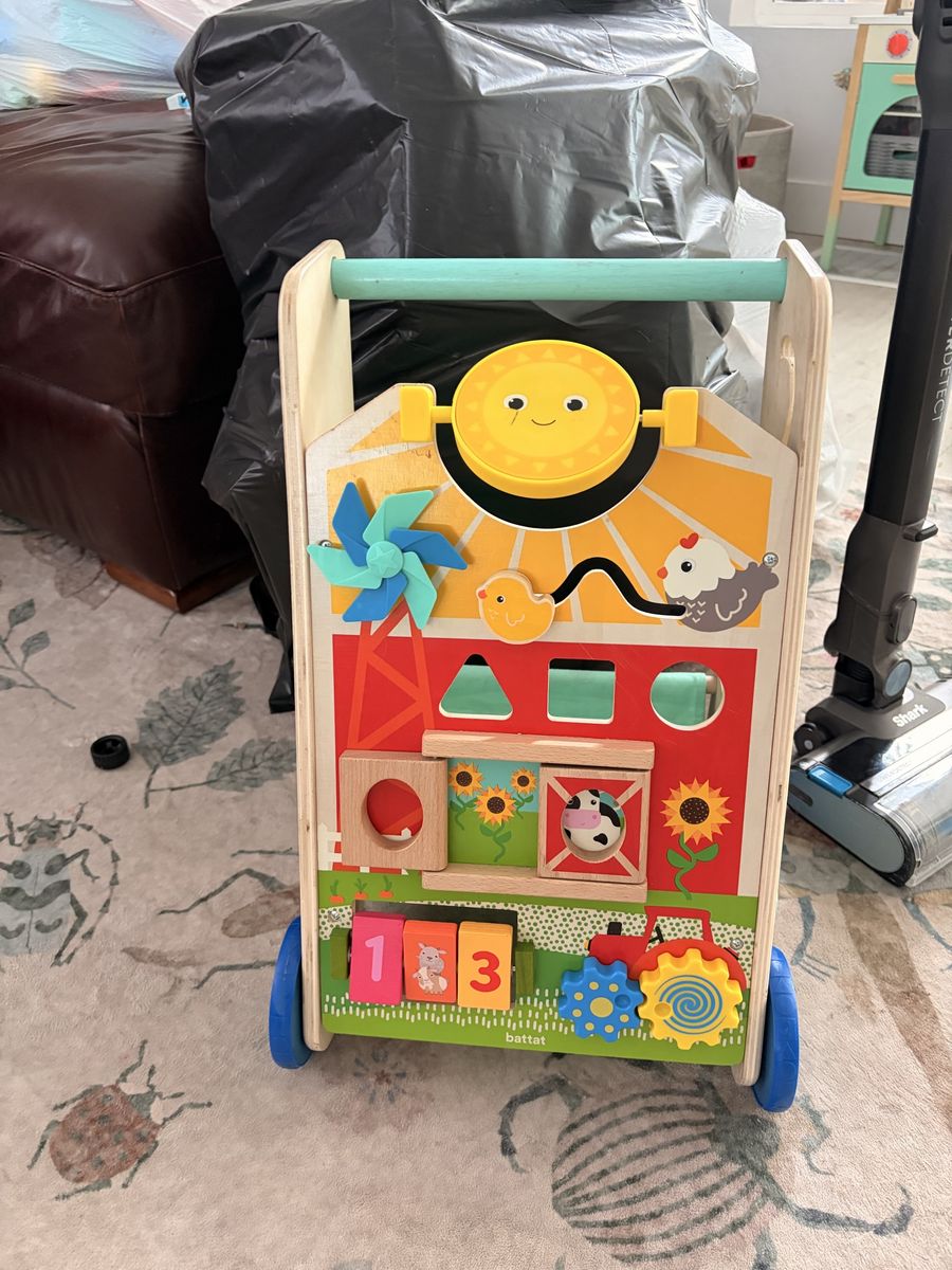 Battat Wooden Activity Walker & Wagon Baby Learning Toy - Farm Theme, Multi-Activity
