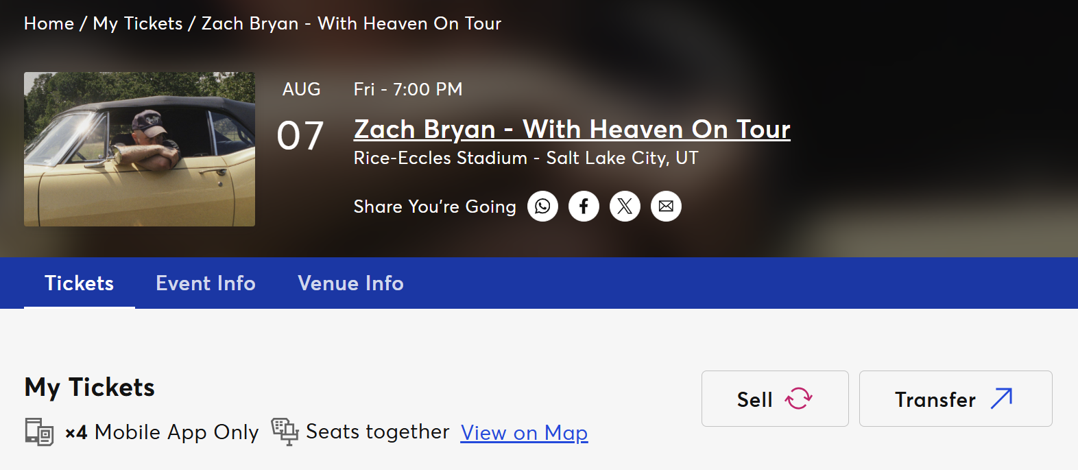 4 Zach Bryan Tickets: Aug 7, Rice-Eccles Stadium - W13, Row 38, Shaded Seats Together