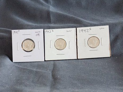 Silver 1941 S 1942 D & S Mercury Dime 10 Cent FB