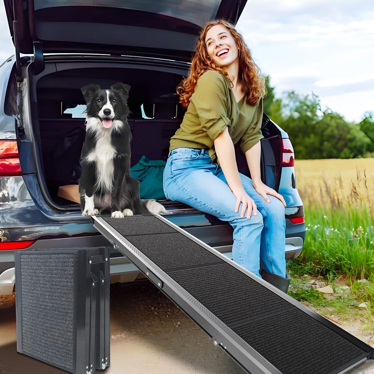 New Dog Ramp for Cars SUV Truck-17.3x71in Heavy Duty Foldable Wide Outdoor Pet Stairs with Non-Slip