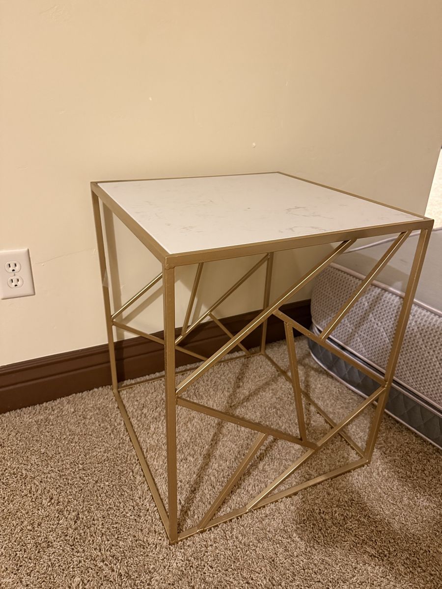 Modern Gold Metal Geometric Accent Side Table with Faux Marble Top
