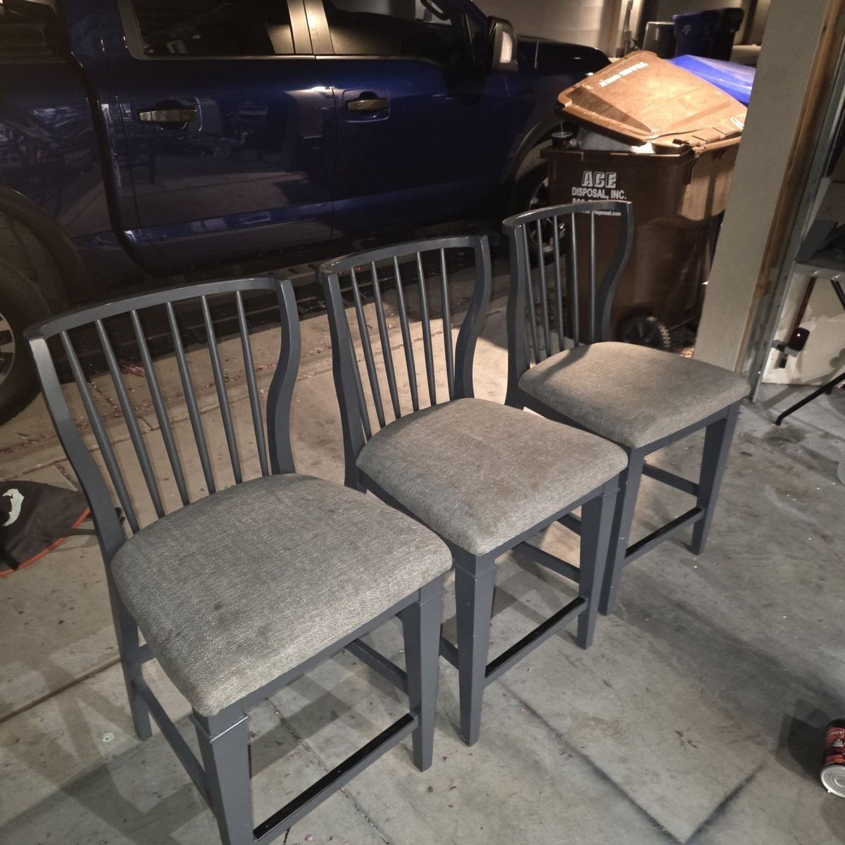 Wooden tall bar stools, fabric seats 90.00 for 3