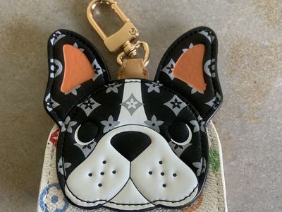LV inspired Frenchie ear pod case holder or for anything fun to clip to purse bag backpack