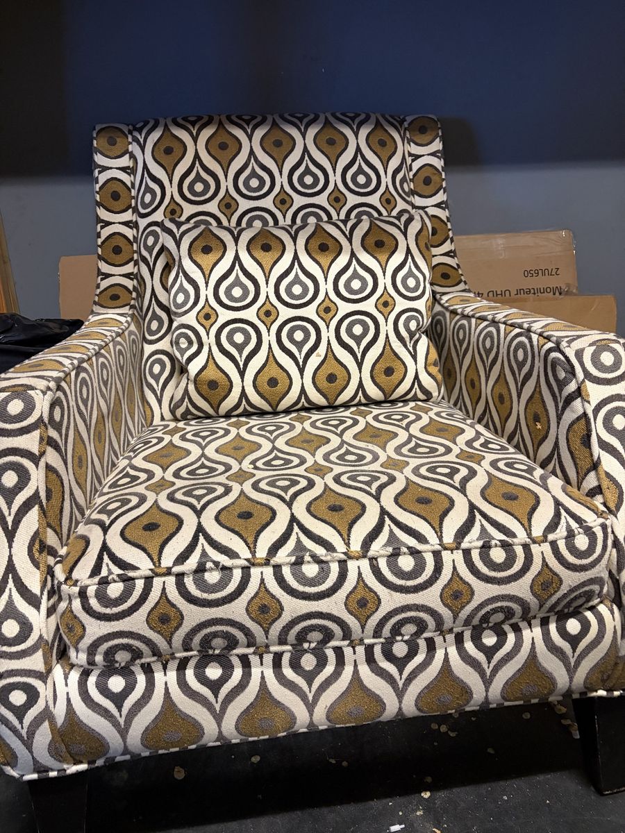 2 Mid-Century Modern Patterned Accent Armchairs with Matching Pillows