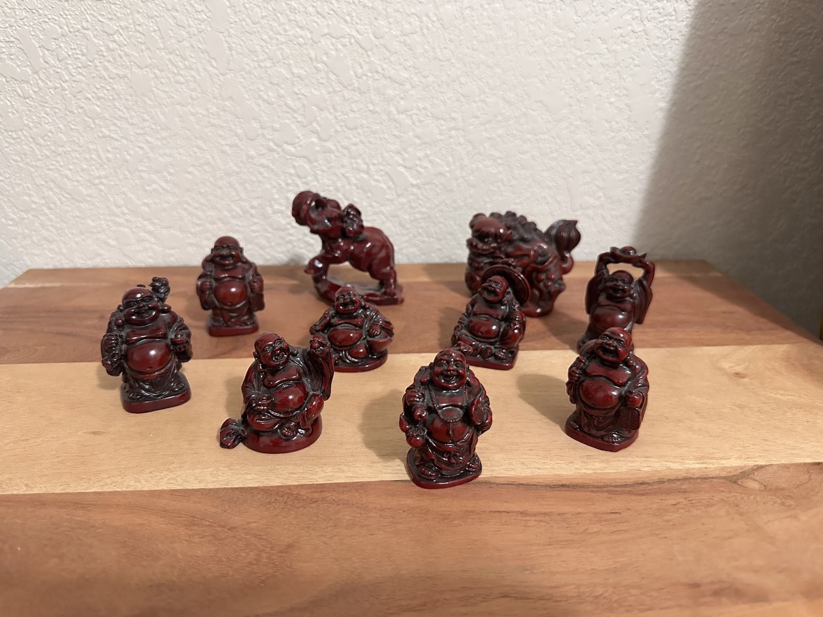 Vintage Red Cinnabar Style Resin Laughing Buddha Figurines Set