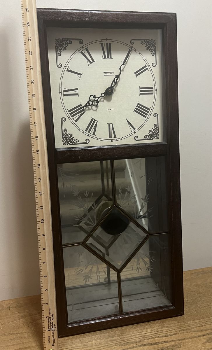 Vanguard Quartz Wall Clock with Pendulum - Dark Wood, Etched Glass, Roman Numerals