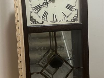 Vanguard Quartz Wall Clock with Pendulum - Dark Wood, Etched Glass, Roman Numerals