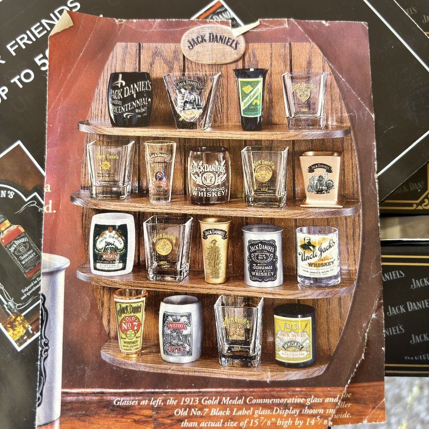Jack Daniels 2002 Legends Shot Glass Set w/ Wood Display Shelf