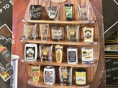 Jack Daniels 2002 Legends Shot Glass Set w/ Wood Display Shelf
