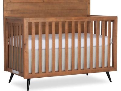 Evolur Stilnovo Mid-Century 4-in-1 Convertible Crib in Sugarcane – Greenguard Gold Certified, Solid Wood Construction, 3 Mattres