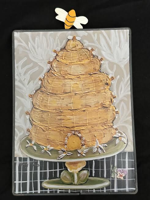Nancy Thomas “Bee Hive Cake” on Green Platter Folk Art Wood/Metal Plaque 9” x 6.5”