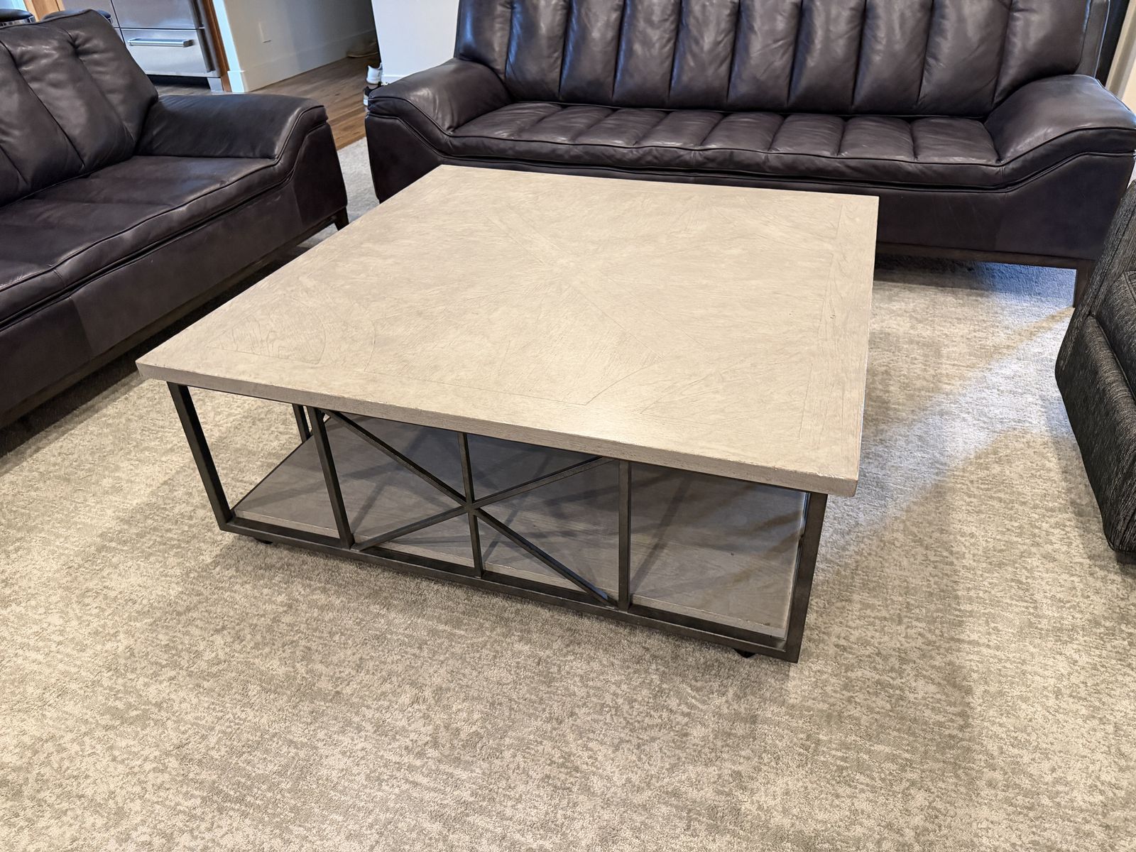 Large Square Coffee Table with Metal Frame and Composite Top