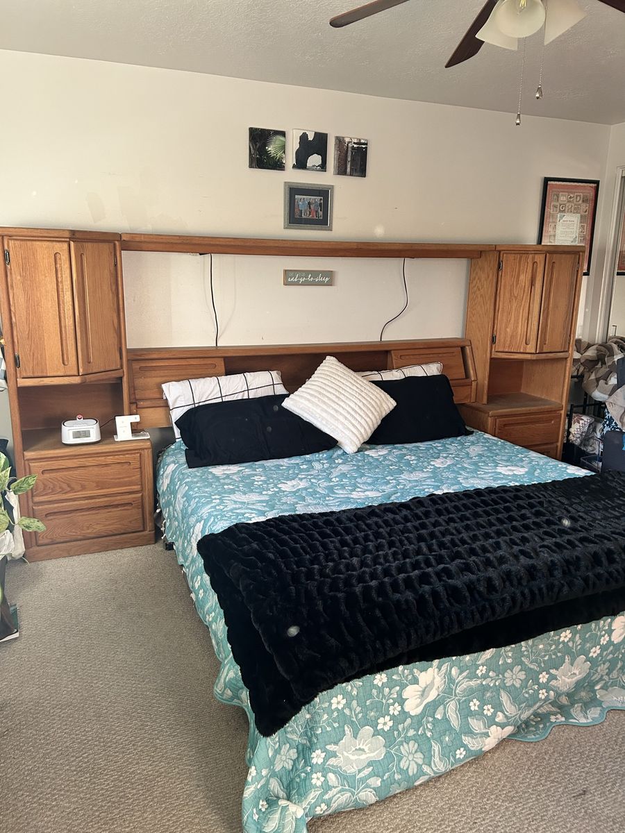 King bed frame w/attached side tables.