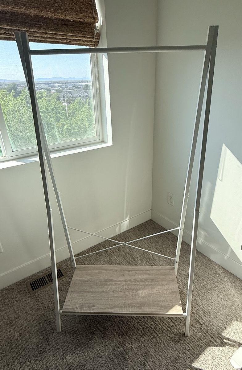 Minimalist Clothes Garment Rack w/ Bottom Shelf - Light Wood & White Metal, Modern Style
