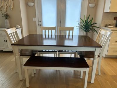 6 Piece Solid Wood Dining Table Set includes 4 Chairs & Bench