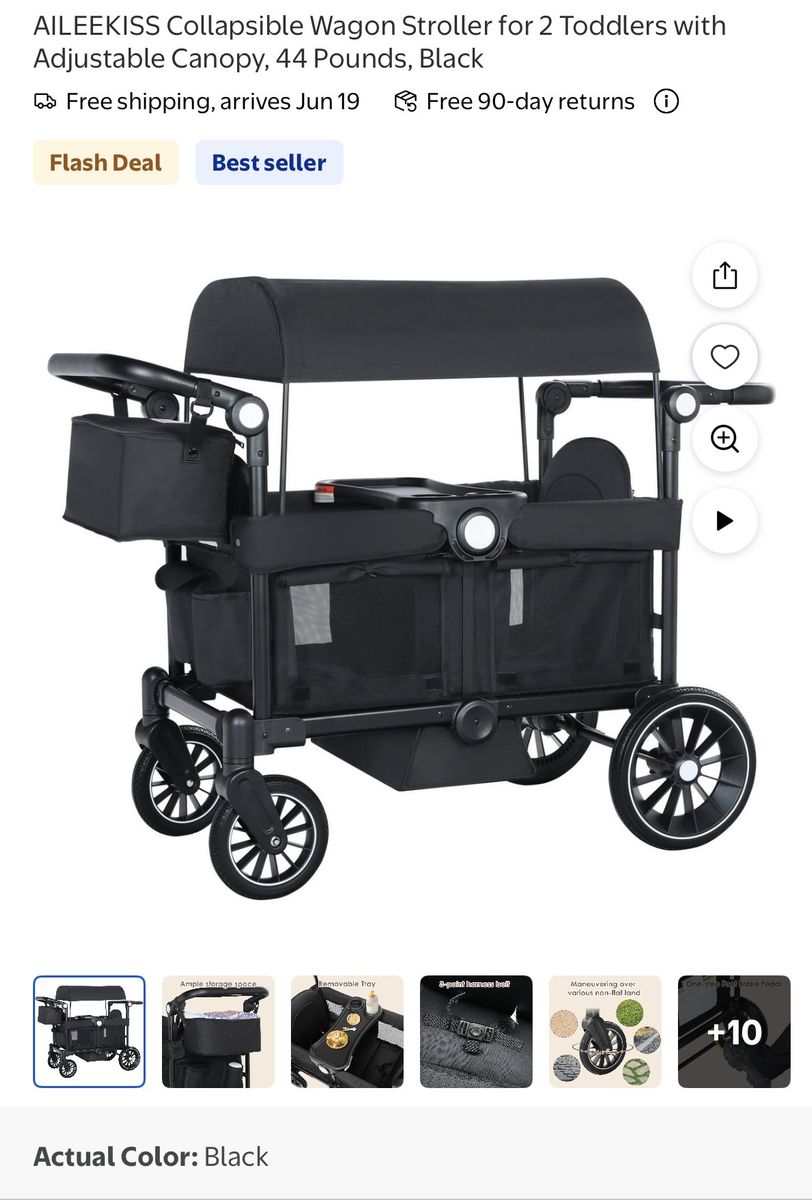 AileeKiss Collapsible Wagon Stroller for 2 Toddlers, Adjustable Canopy, 44 Pounds, Black