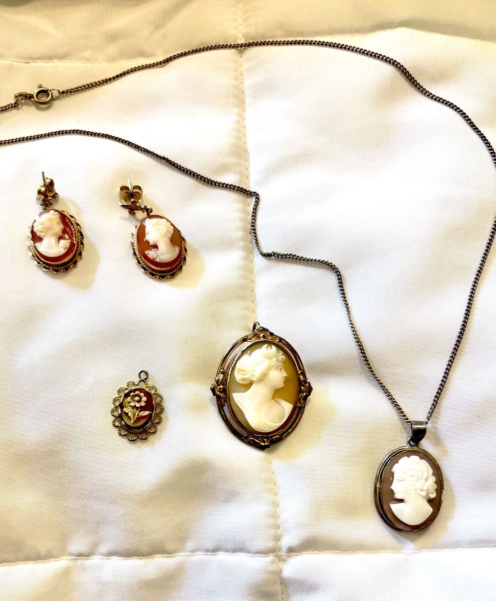 Vintage Cameo Jewelry Set - Pierced Earrings, Large Pendant, Medium Pendant with Chain, Small Pendant