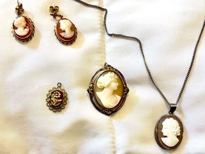 Vintage Cameo Jewelry Set - Pierced Earrings, Large Pendant, Medium Pendant with Chain, Small Pendant