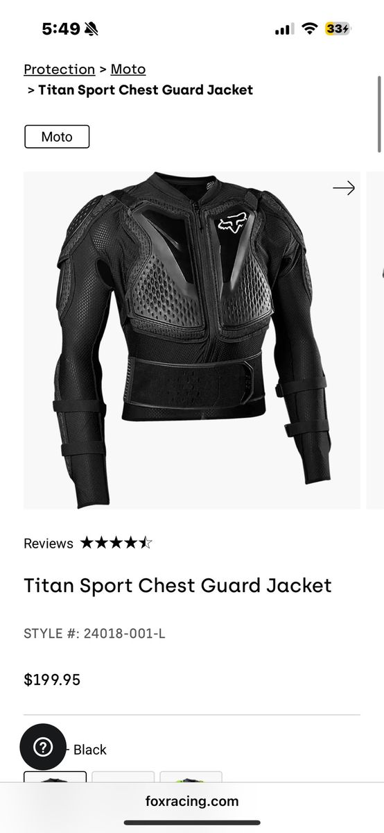 Fox Racing Titan Sport Chest Guard Jacket - Black, Size L, Moto Protection