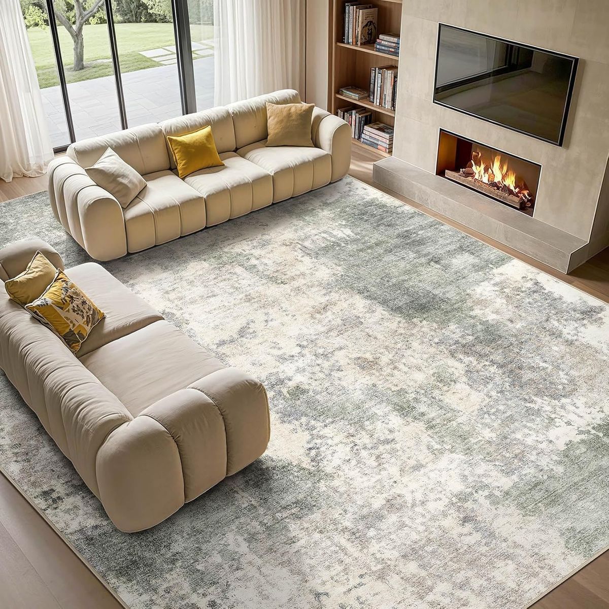 NEW 9x13 Area Rug for Living Room: Modern Abstract Neutral Large Soft Thin Rugs Grey Green
