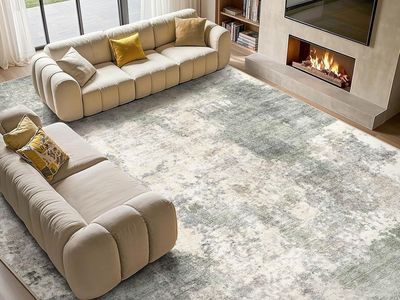 NEW 9x13 Area Rug for Living Room: Modern Abstract Neutral Large Soft Thin Rugs Grey Green