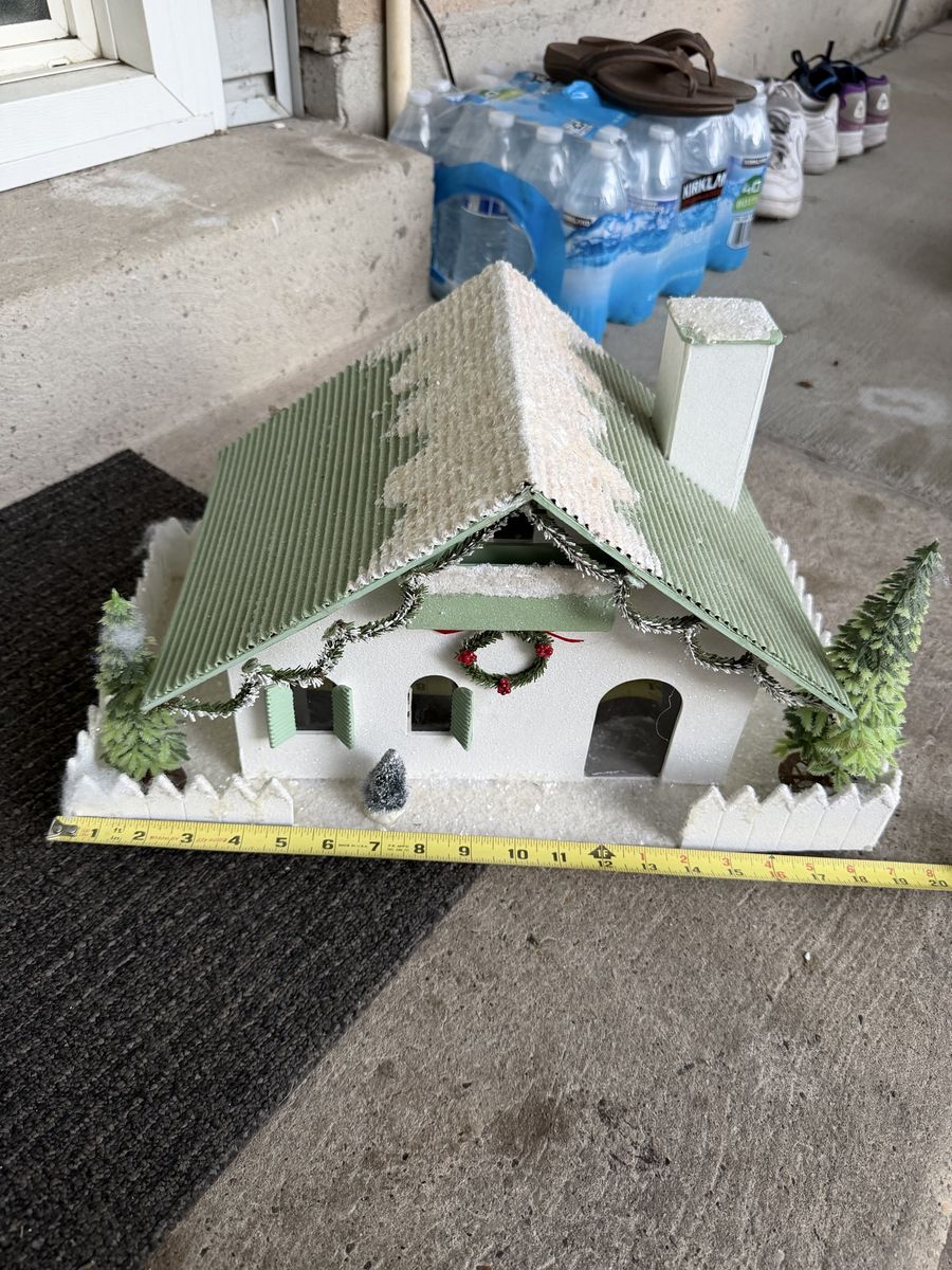Vintage Christmas Village House Holiday Decor Green Roof Snowy Details
