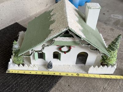 Vintage Christmas Village House Holiday Decor Green Roof Snowy Details