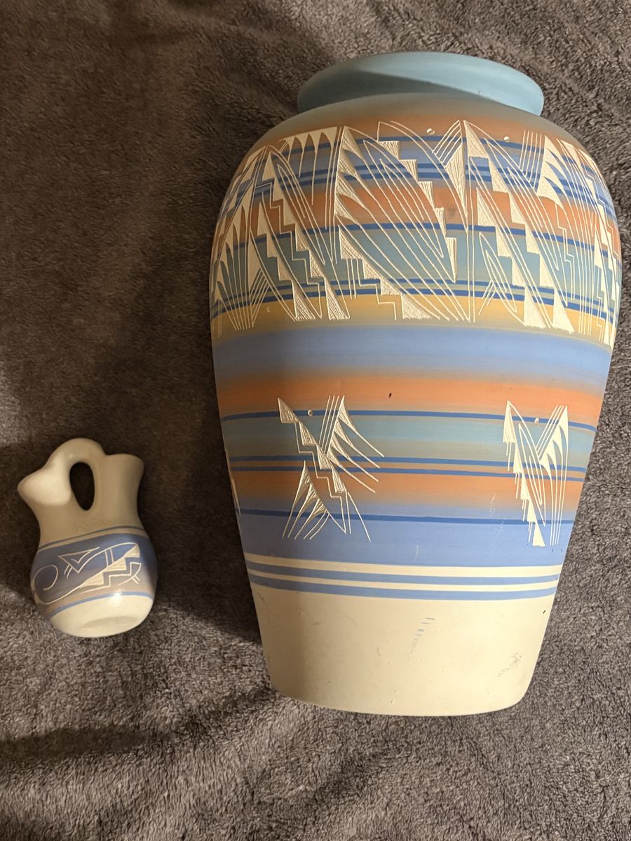 Authentic Navajo Pottery Set: Large Etched Vase & Wedding Vase - Southwestern Decor
