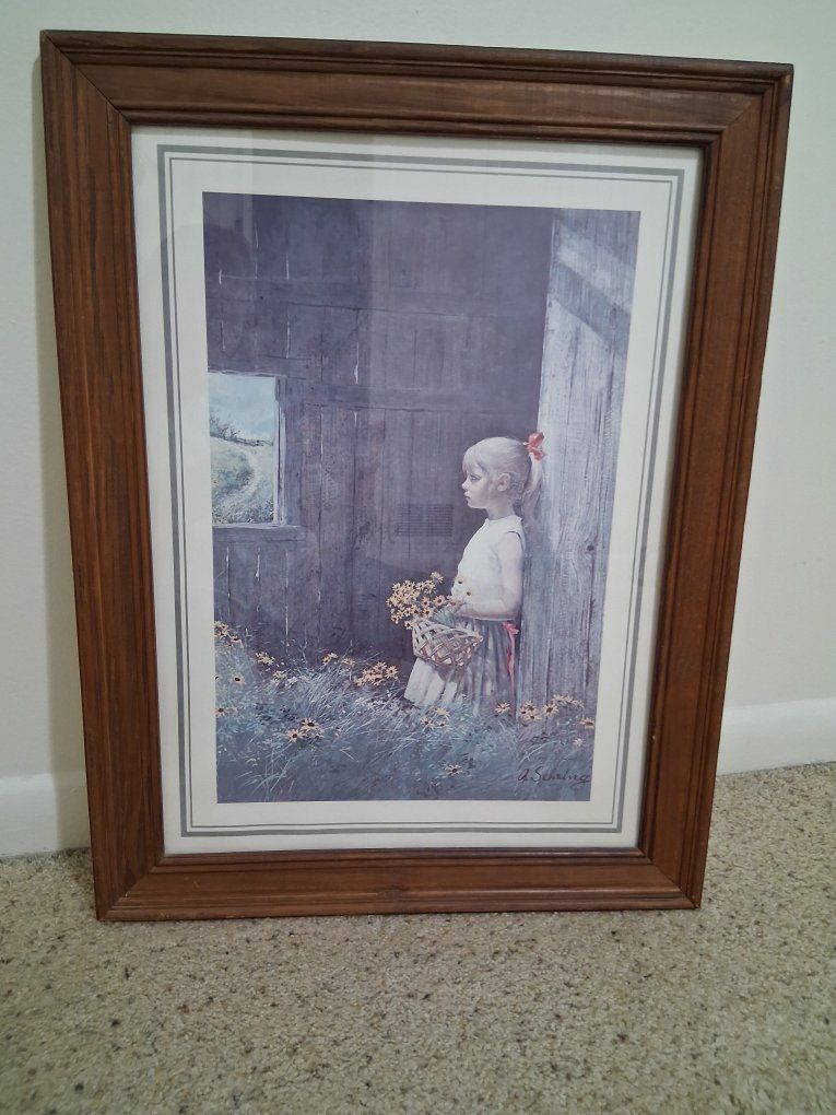 A. Sehring "Little Girl with Basket of Flowers" Framed Art Print, Vintage Wall Decor
25-1/2" t  x 19-1/2" w