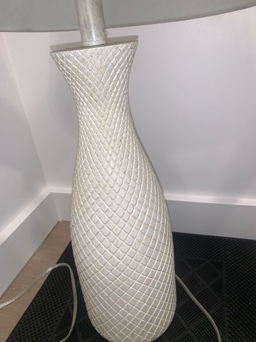 Pair of Textured White Ceramic Table Lamps with Fabric Shades - Modern Design