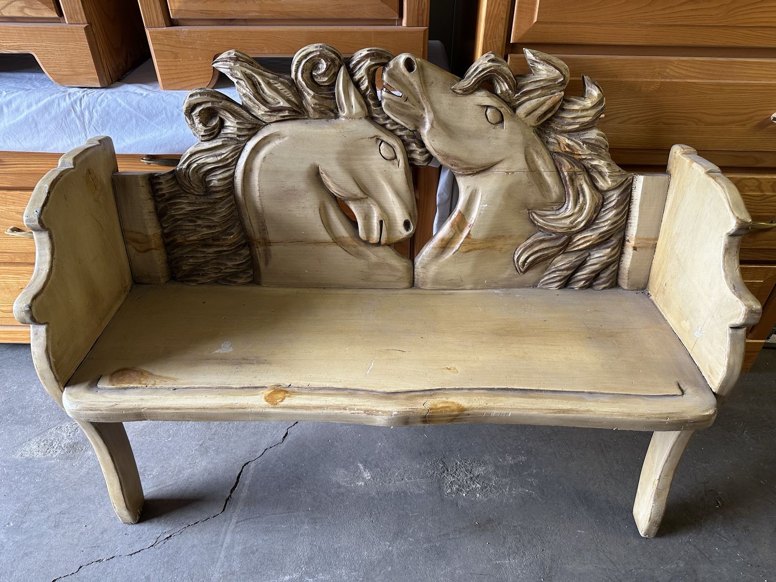 Rustic Southwestern Hand Carved Horses Head Bench
