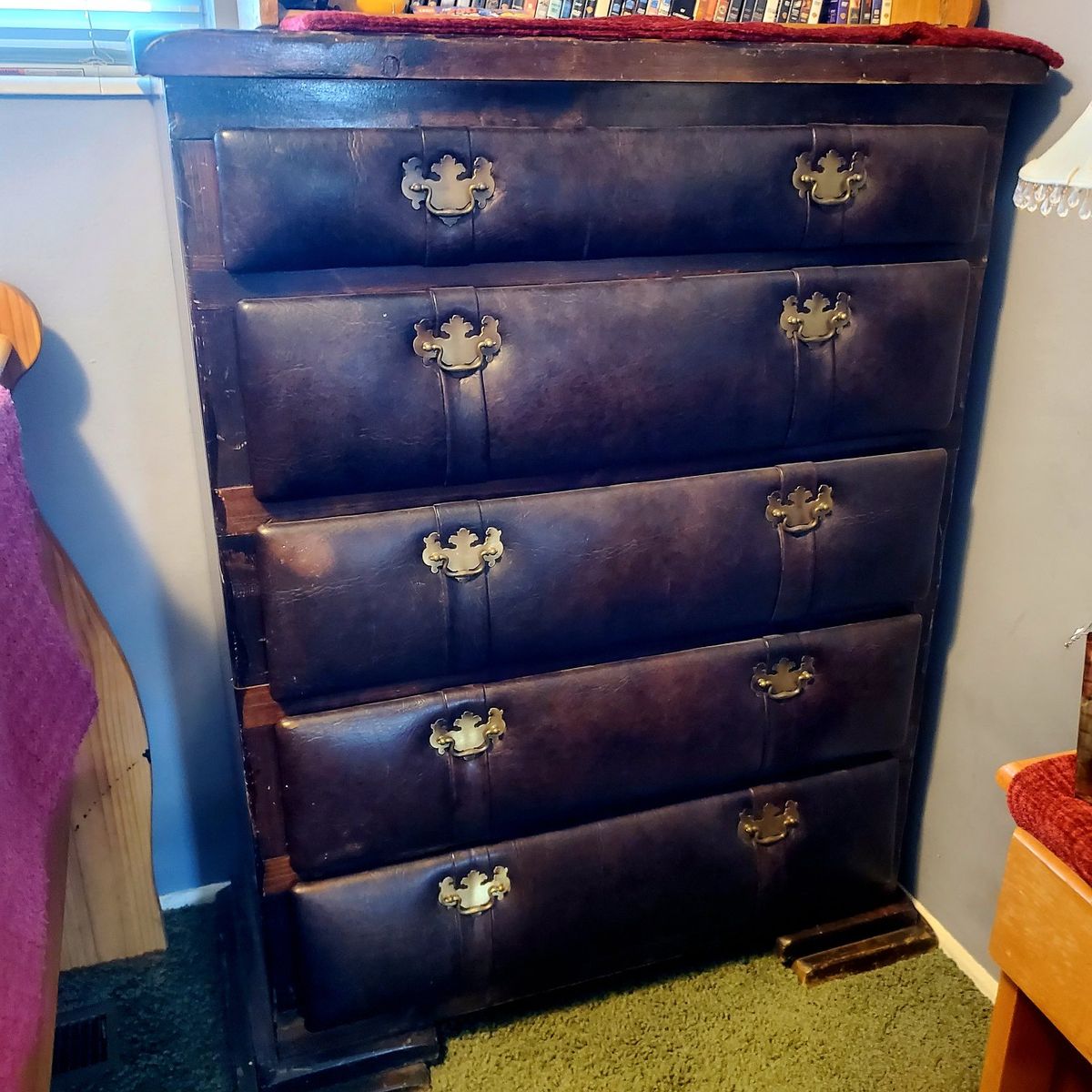 Vintage Tallboy Dresser Dark Wood & Padded Leather - 5 Drawers, Brass Hardware - Unique Design!