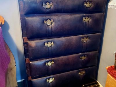 Vintage Tallboy Dresser Dark Wood & Padded Leather - 5 Drawers, Brass Hardware - Unique Design!