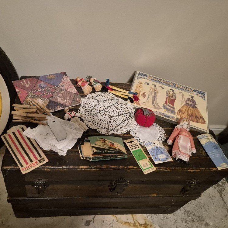 Vintage Sewing & Craft Lot: Dolls, Doilies, Needles, Fabric, Clothespins, Pin Cushion, Ephemera