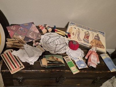 Vintage Sewing & Craft Lot: Dolls, Doilies, Needles, Fabric, Clothespins, Pin Cushion, Ephemera