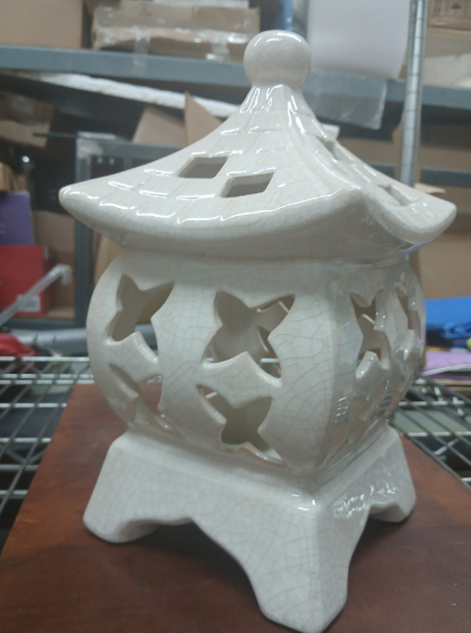 Ceramic Pagoda Lantern Candle Holder - Asian Zen Style Home Decor, Off-White, Crackle Glaze-extras