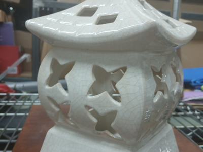 Ceramic Pagoda Lantern Candle Holder - Asian Zen Style Home Decor, Off-White, Crackle Glaze-extras
