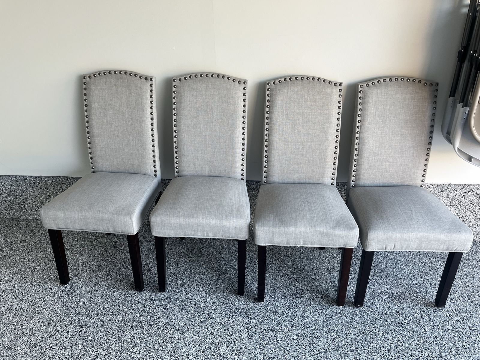 Set of 4 Grey Upholstered Dining Chairs with Nailhead Trim