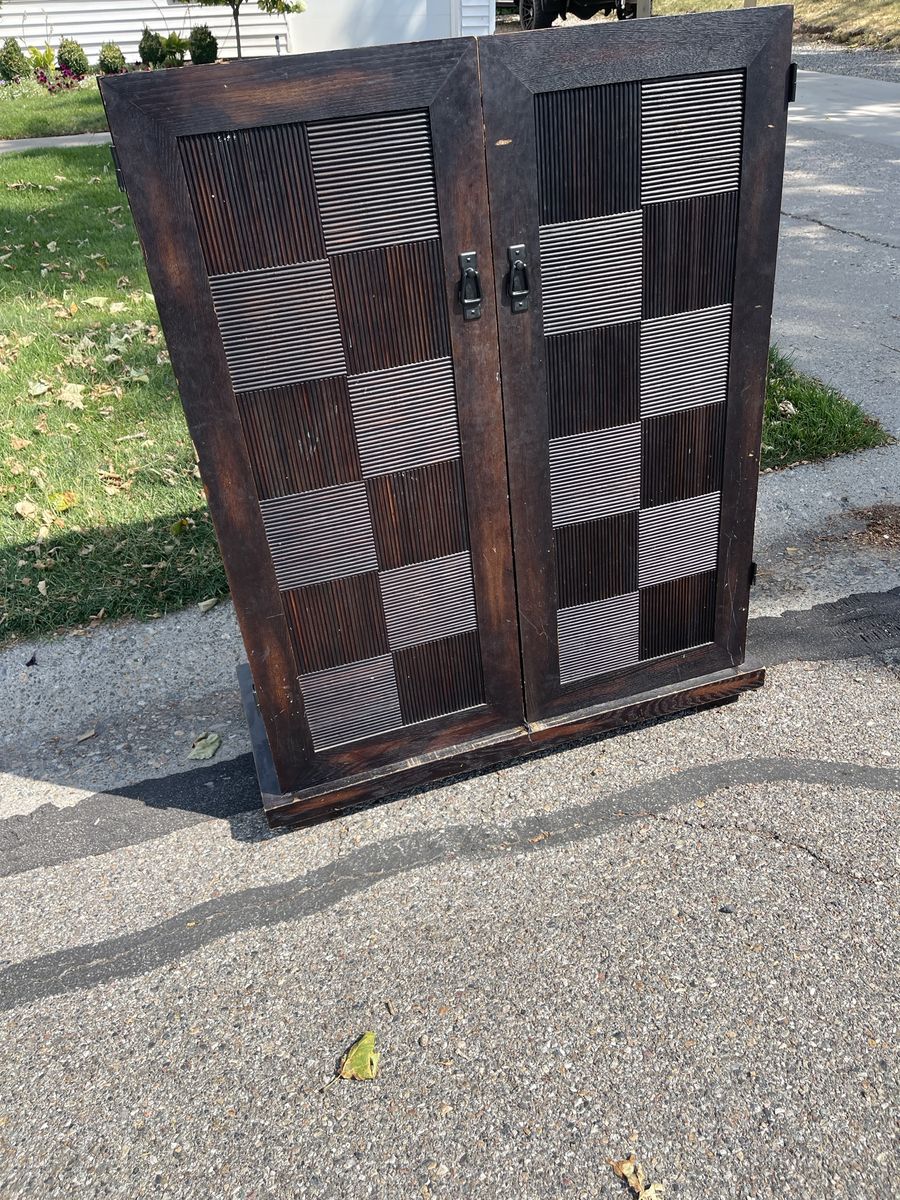 Vintage Dark Wood Checkerboard Front Storage Cabinet