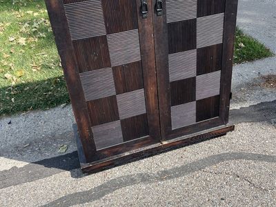 Vintage Dark Wood Checkerboard Front Storage Cabinet