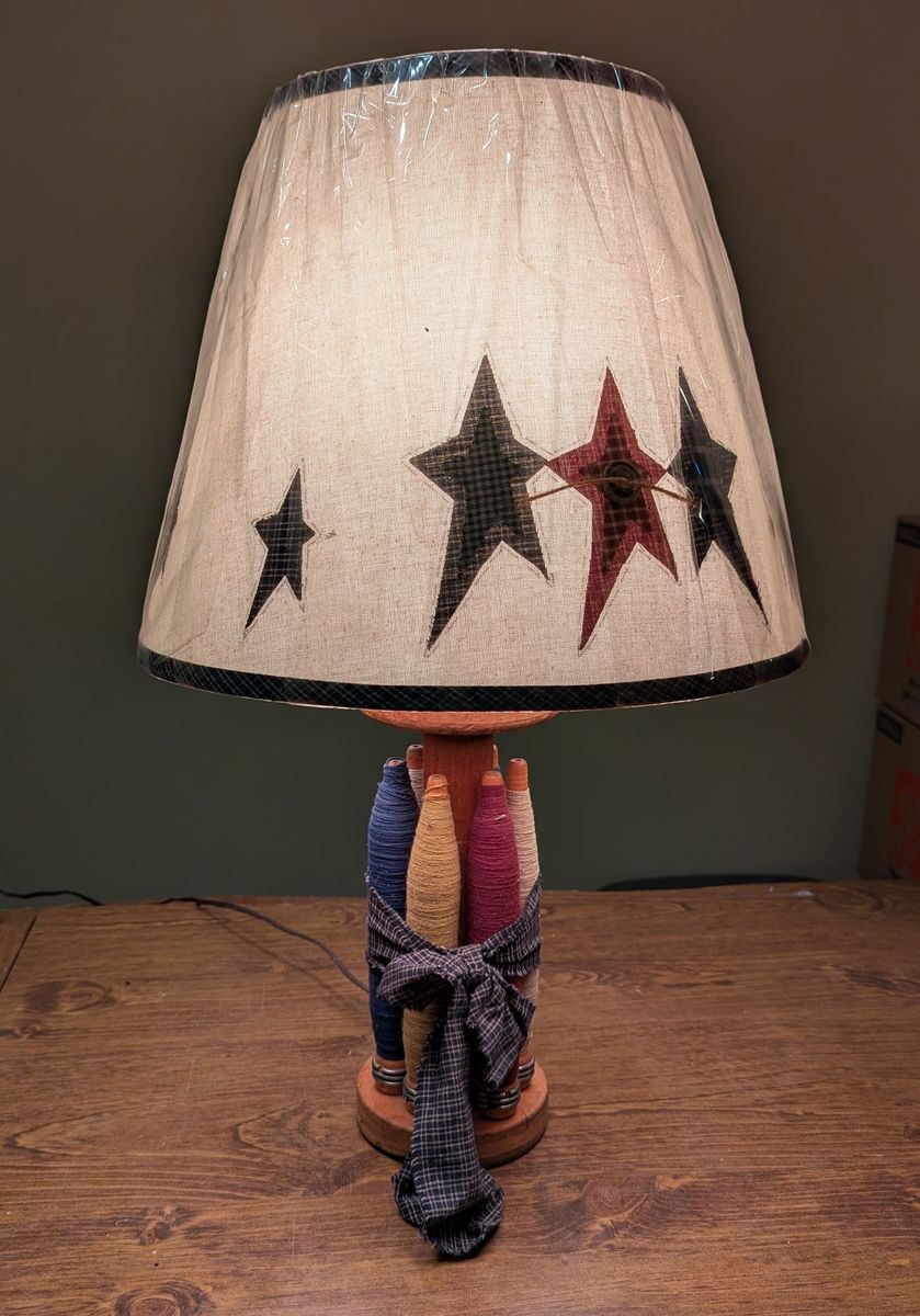 Vintage Industrial Spool Bobbin Table Lamp with Star Shade